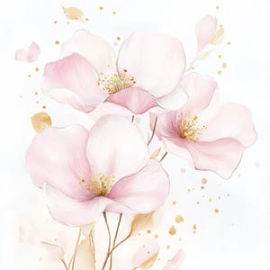 12 JPG Pink Gold Pastel Flowers Clipart, Floral Graphics for Cards, Wall Art, Digital Download, Watercolor Floral Clipart, High-Quality