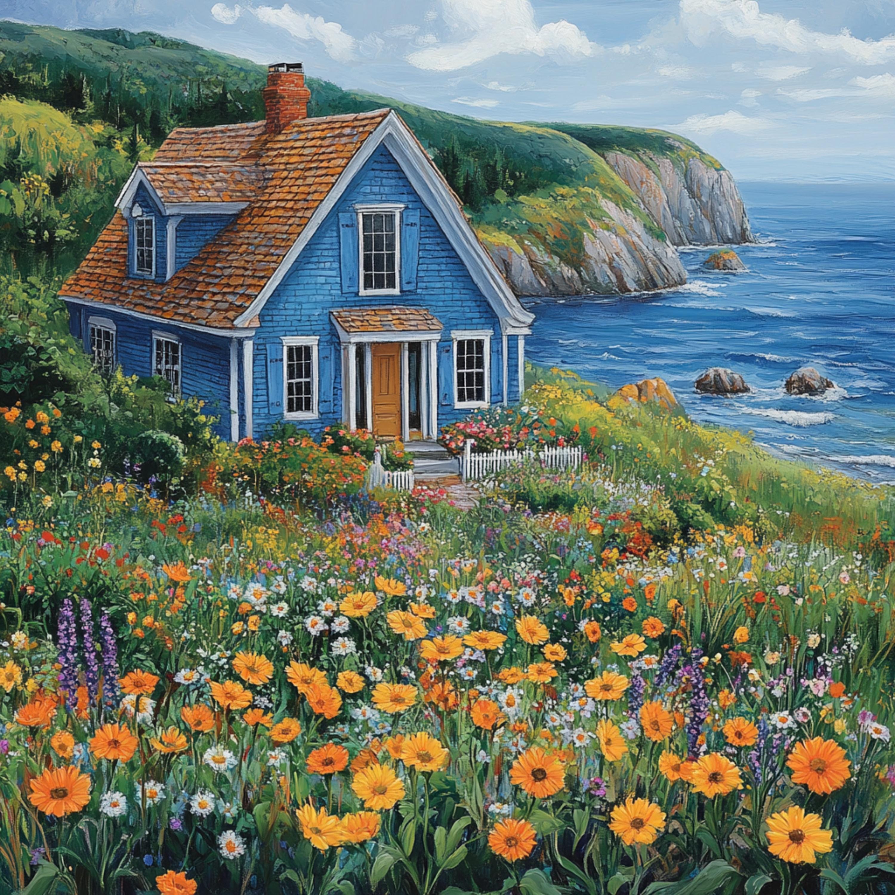 花柄の家のクリップアート：水彩画の海岸沿いの山の景色（デジタル