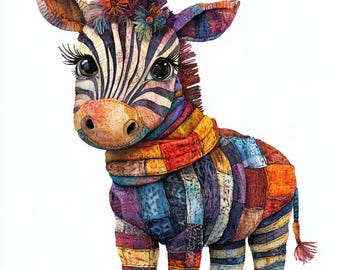 Patchwork Zebra Watercolor Art, Whimsical Animal Clipart (Digital Download)