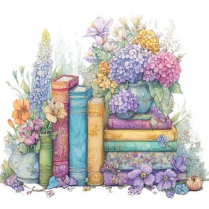 Peut inclure: Illustration à l'aquarelle d'une pile de livres aux dos colorés, ornée de fleurs et de feuillages vibrants. L'arrangement comprend des hortensias, des lys et d'autres fleurs dans des tons de violet, rose, jaune et orange, créant une composition artistique fantaisiste.