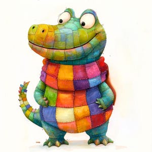 May include: A colourful patchwork sweater-wearing crocodile with a wide smile and big eyes. The crocodile is green, blue, yellow, orange, and purple.