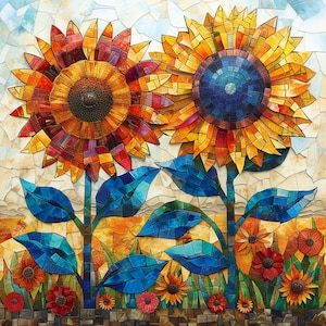 May include: A mosaic artwork featuring two large sunflowers with blue and red centers, surrounded by smaller blue and green leaves and flowers. The sunflowers are made of colorful glass tiles.