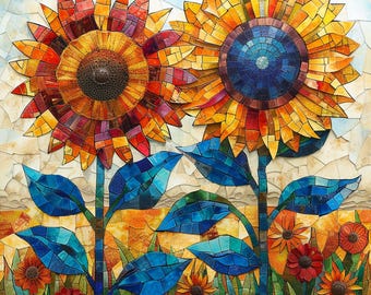 Mozaikowy Słonecznik Klipart, Styl Patchwork (JPG), Klipart Letni