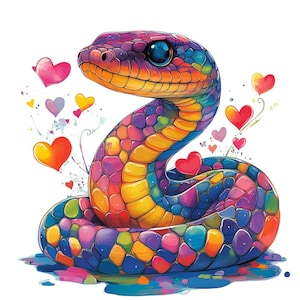 15 serpientes de colores brillantes enamoradas PNG, clipart de serpiente romántica, corazones PNG, serpiente linda, fondo transparente, descarga digital