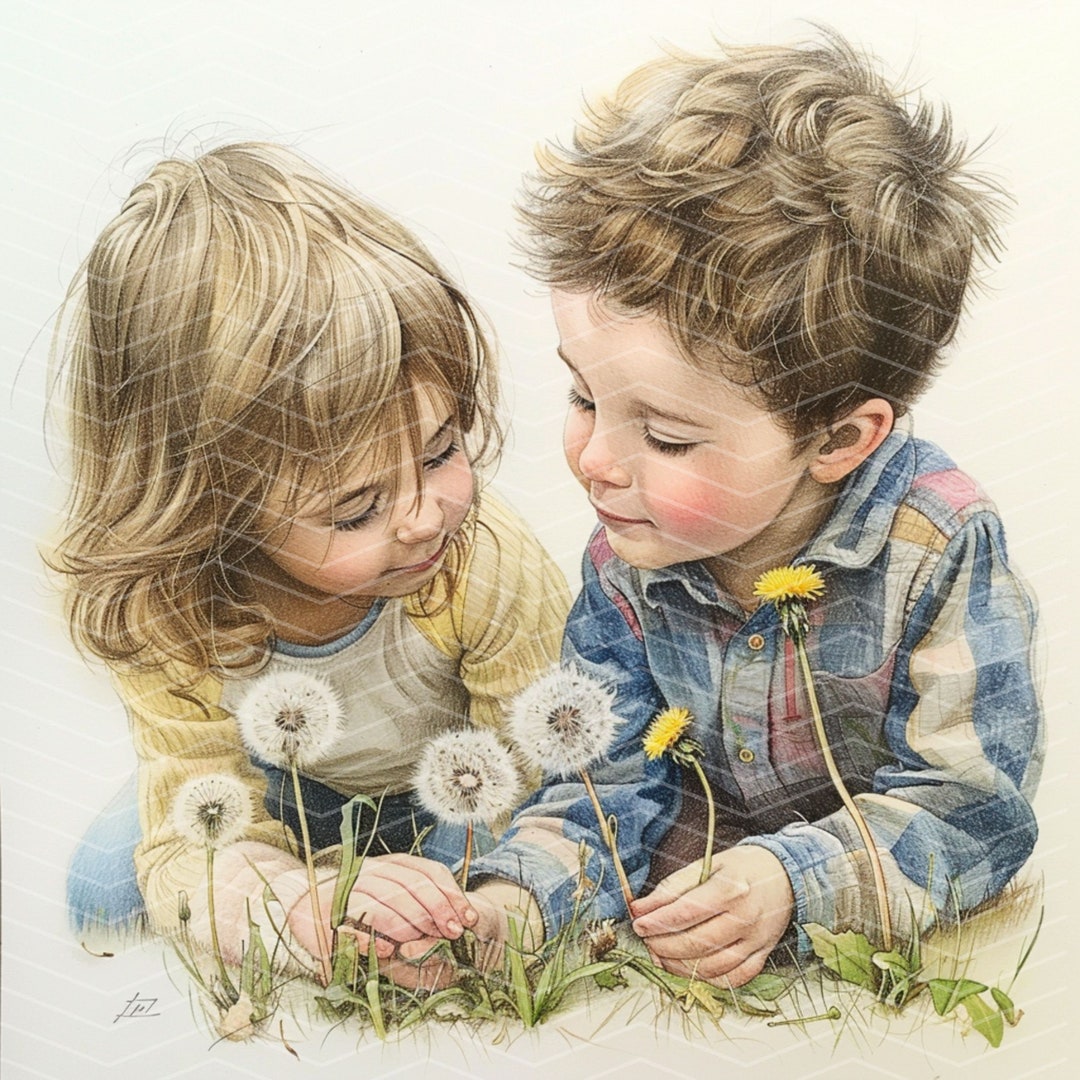 水彩画の子供向けクリップアート：タンポポの草原のイラスト（デジタル