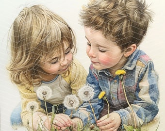 Watercolor Kids Clipart: Dandelion Meadow Illustrations (Digital Download), Spring Clipart