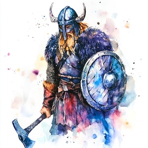 Pode incluir: Pintura em aquarela de um guerreiro viking usando um capacete com chifres e segurando um escudo e um machado. O guerreiro tem uma longa barba e está vestindo uma túnica azul e vermelha. O fundo é uma aquarela de azul, roxo e rosa.