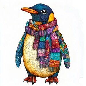 May include: A detailed illustration of a penguin adorned with a patchwork scarf. The penguin features a blue head, yellow patches, and an orange beak. The scarf is a vibrant mix of patterns and colours, including red, purple, and blue.