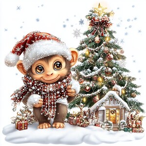 9 imágenes digitales de monos bebés de Navidad, linda ilustración de mono bebé, clipart de mono bebé de Navidad, diseño de mono de Navidad, mono lindo