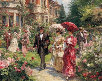 Victorian Ladies Clipart: Rose Garden Vintage Art (36x36 Inches, JPG Download), Summer Clipart