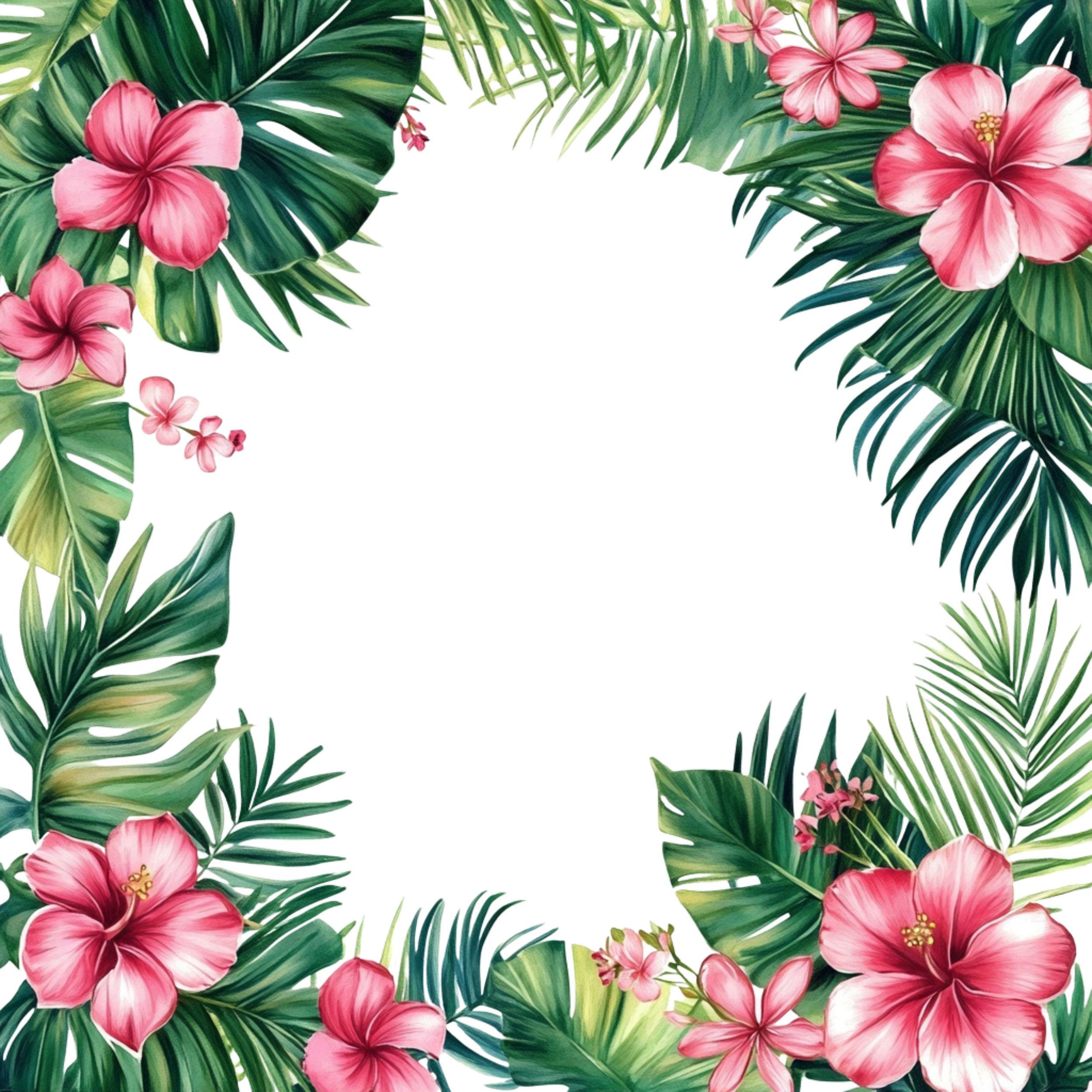 Tropical Watercolor Flower Frames Clipart: Hibiscus PNG (Digital Download)