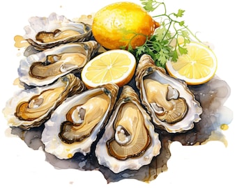 Imágenes prediseñadas de ostras en acuarela: mariscos frescos servidos (descarga digital PNG), imágenes prediseñadas de primavera