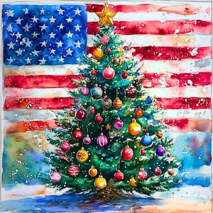 12 images numériques d'arbre de Noël américain, arbre de Noël patriote aquarelle, arbre de Noël avec drapeau américain, illustration d'arbre de Noël