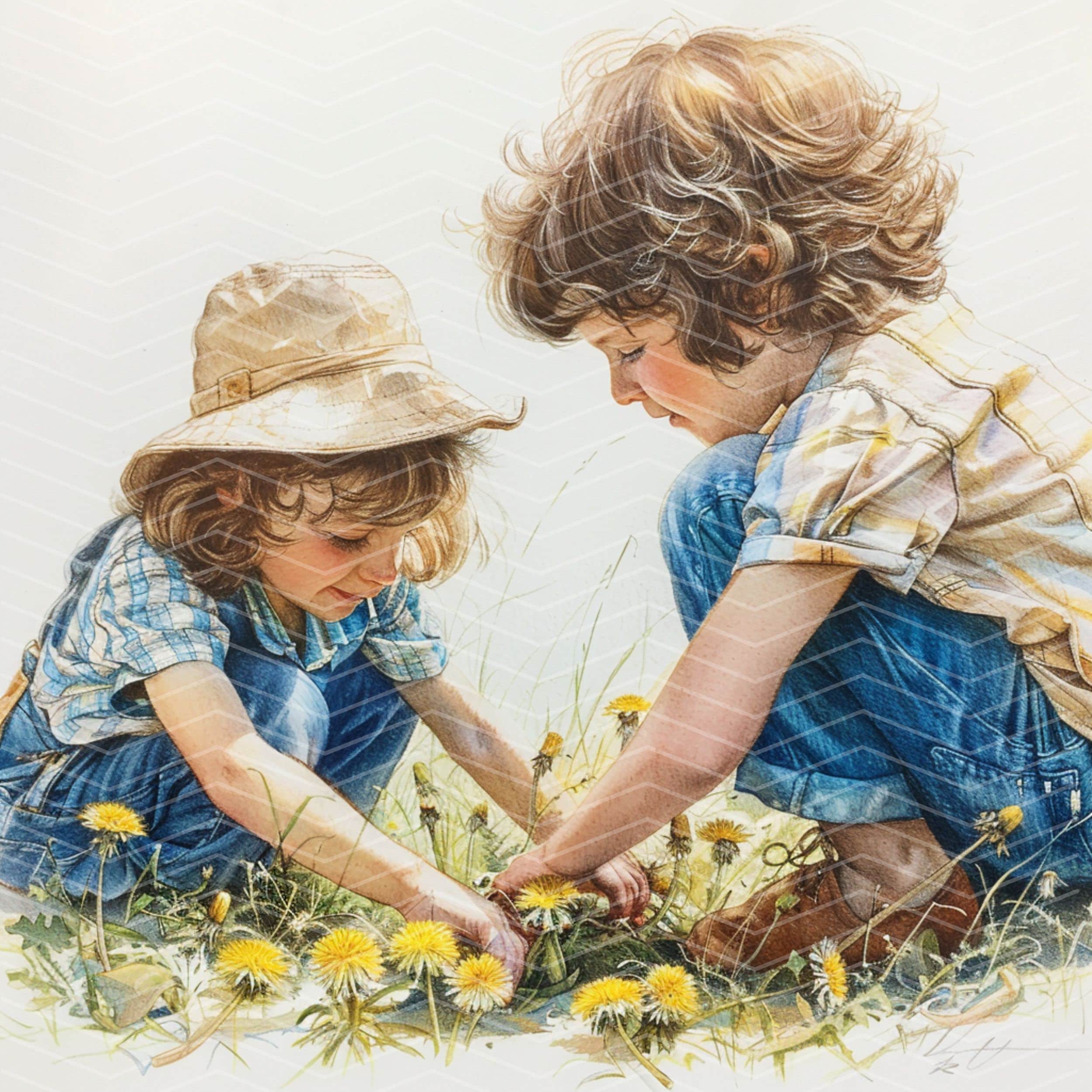 水彩画の子供向けクリップアート：タンポポの草原のイラスト（デジタル