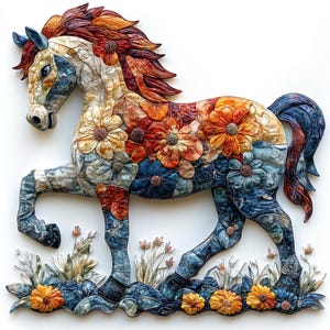 May include: A colorful horse sculpture made of fabric and flowers. The horse is standing on a bed of blue and green fabric with yellow flowers. The horse is a patchwork of different fabrics and colors, including blue, green, yellow, orange, and red.