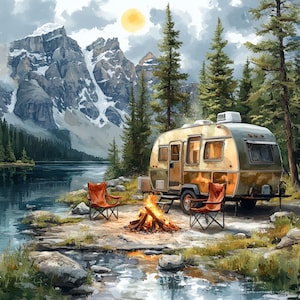 12 CAMPING TRAILER by the LAKE Clipart, aquarela acampamentos, imagem de trailer digital, arte de parede de acampamento na floresta, clipart turístico, trailer de acampamento