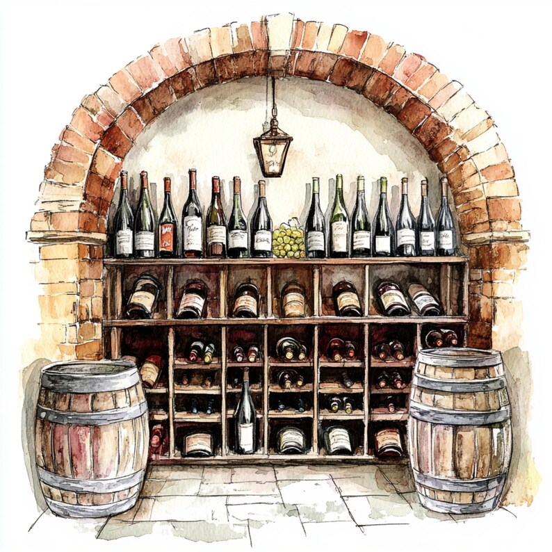 Watercolor Wine Cellar Clipart: Rustic Vineyard Art (digital Download ...