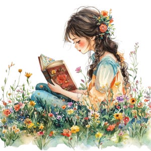 12 RAGAZZA CHE LEGGE UN LIBRO su un prato Clipart, immagine png di una ragazza che legge, immagine digitale di una ragazza, ragazza tra i fiori, ragazza e libro arte murale
