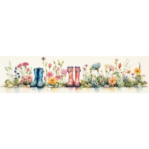 Floral Rain Boots Border Watercolor Clipart, Rain Boots Illustration, High-Resolution JPG, Watercolor Art Digital Download, Wall Art boot