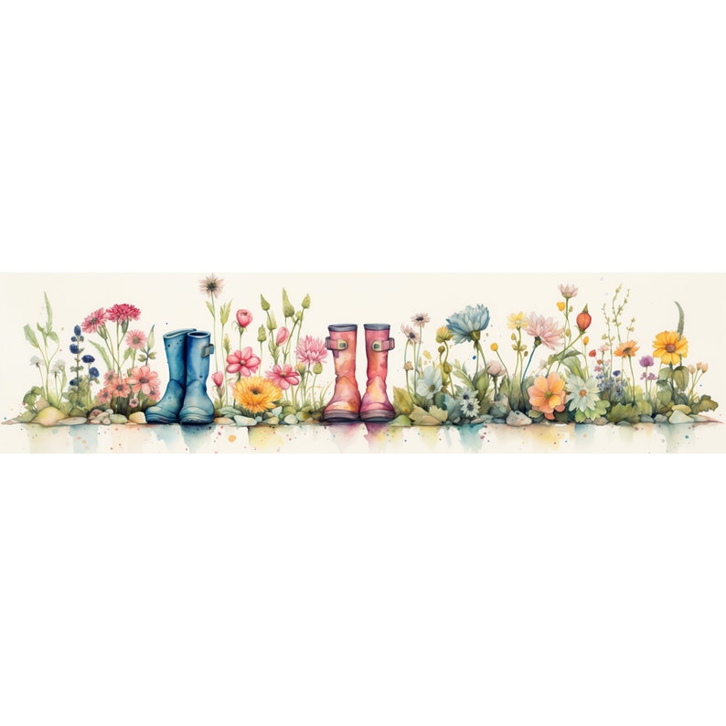 Floral Rain Boots Border Watercolor Clipart, Rain Boots Illustration, High-Resolution JPG, Watercolor Art Digital Download, Wall Art boot