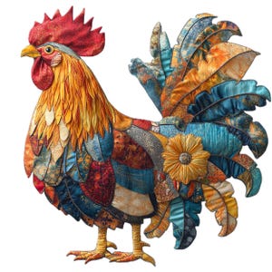 May include: A colorful rooster made of fabric scraps. The rooster is standing on a white background. The rooster's tail feathers are long and flowing, and the rooster's body is covered in a variety of colors and patterns.