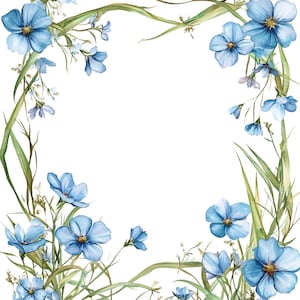 Puede incluir: Una ilustración de acuarela de un borde floral con flores azules y hojas verdes. Las flores están dispuestas en un patrón circular alrededor de un fondo blanco.