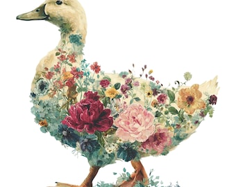 Watercolor Floral Duck Clipart: Whimsical Summer Animal PNG (Digital Download)