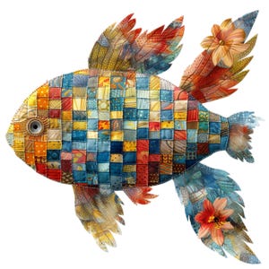 Può includere: Un pesce colorato in patchwork con un corpo blu, giallo, rosso e arancione. Il pesce ha due grandi pinne e una coda con fiori su ciascuna. Il pesce è fatto di tessuto ed è un'opera d'arte unica.