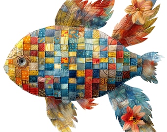 Patchwork Fish Digital Art: Colorful Illustration (PNG), Summer Clipart