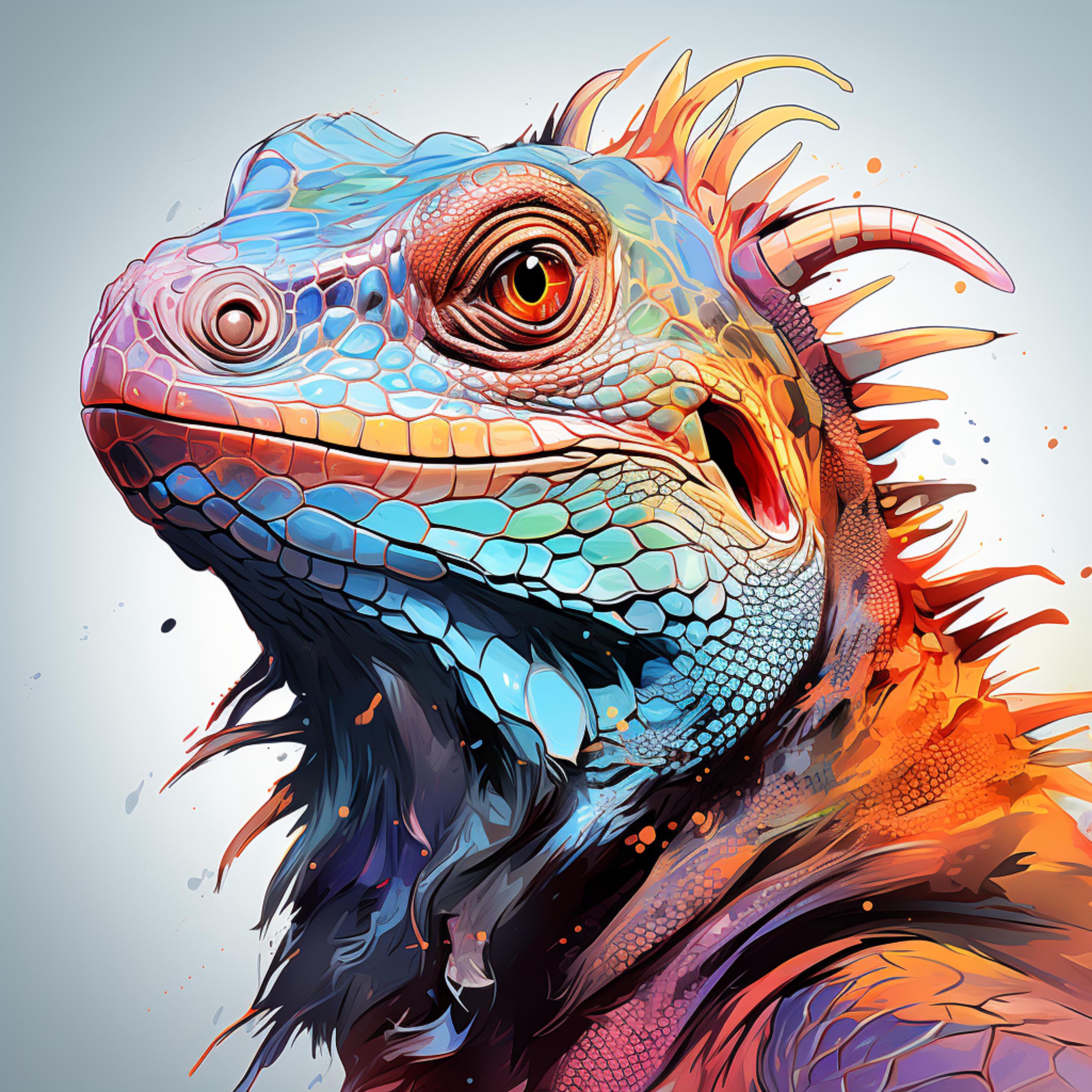 ネオンイグアナのクリップアート：水彩レインボートカゲアート（JPG