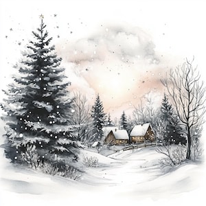 12 kersttijd clipart, winter sparren in de sneeuw illustraties, vakantie boom kunst, besneeuwde dennen, hoogwaardige JPG, digitale download, Winter Xmas