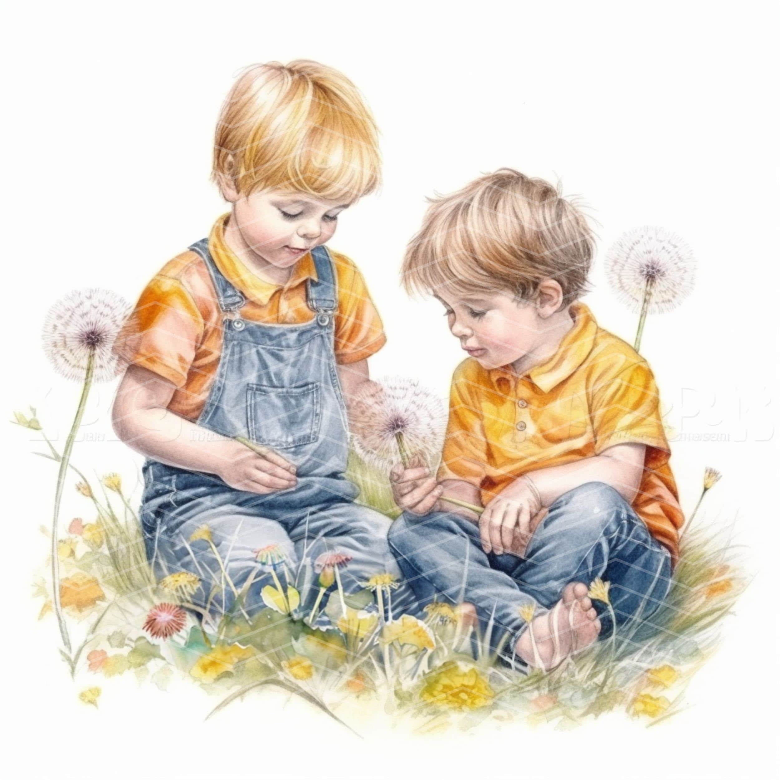 水彩画の子供向けクリップアート：タンポポの草原のイラスト（デジタル