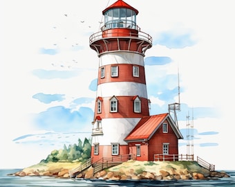 Watercolor Lighthouse Clipart: Coastal Illustrations (Digital Download), Summer Clipart