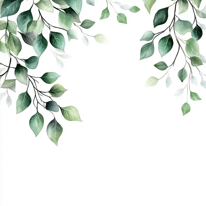 May include: Watercolor painting of green leaves on branches, creating a border on a white background.