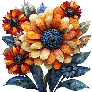 Gerbera Patchwork Clipart: Floral PNG Art, Scrapbooking (Commercial Use)