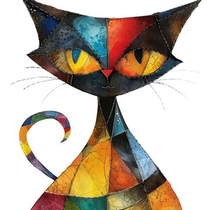 16 CARTOON PATCHWORK CAT Cliparts, png patchwork cat image, patchwork cat wall art, cute cat picture, patchwork art, cat illustration png