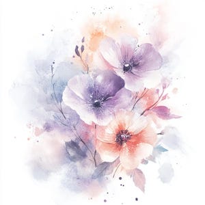 12 Pastell Violette Blumen Clipart, Rosa Zarte Blumensträuße, Aquarell Blumenkunst, hochwertige JPG, Digital Download, Hochzeitsdeko, Journals