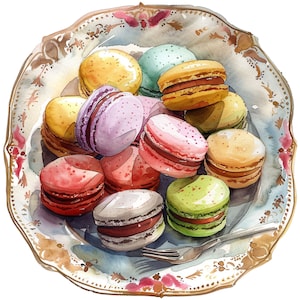 10 aquarel bitterkoekjes CLIPARTS, png yammy bitterkoekjes, digitale afbeelding van snoep, gebak illustratie, koekjes clipart op een gerecht, bakkerij png