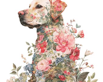 May include: A digital illustration of a Labrador Retriever dog with a floral design overlay. The dog is cream-colored, and the flowers are pink, red, and blue. The artwork is set against a white background.