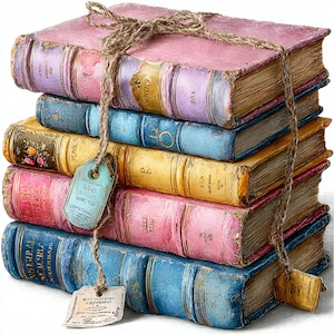 May include: A stack of antique-style books tied together with twine. The books have colorful covers in shades of pink, blue, and yellow, with aged, textured edges. A light blue tag hangs from the twine, and a small tag is attached to the bottom book.