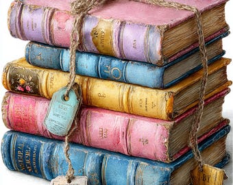 Vintage Books Clipart: Watercolor Pastel Book Stack (Digital Download, 5000x5000 px JPGs), Summer Clipart
