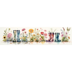 Floral Rain Boots Border Watercolor Clipart, Rain Boots Illustration, High-Resolution JPG, Watercolor Art Digital Download, Wall Art boot