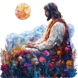 May include: A colorful mosaic artwork depicting a person in a meditative pose surrounded by flowers. The artwork is made of fabric scraps and other materials, creating a textured and vibrant effect.