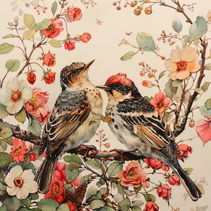 10 aquarel vogels en bloemen clipart – kleurrijke vogelkoppels op takken, lentevogelillustraties voor kaarten, scrapbooking, natuurdecor