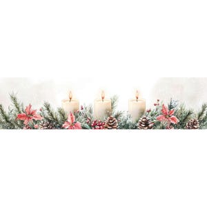 May include: Three white candles with flames are surrounded by a festive arrangement of green pine branches, red poinsettia flowers, and brown pine cones.