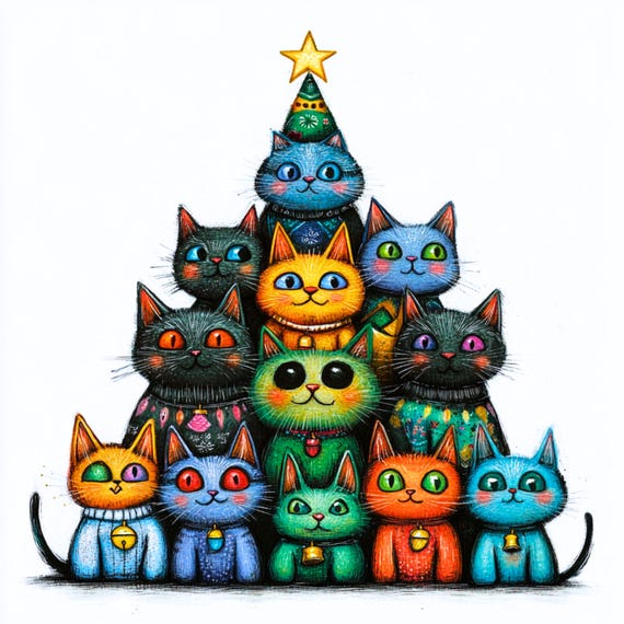 風変わりな猫のクリスマスツリーのクリップアート：ホリデーアート