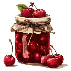 Op de afbeelding: Een pot kersenjam met een witte stoffen deksel vastgebonden met touw. De pot is gevuld met kersen en een rode vloeistof. Verschillende verse kersen met steeltjes zijn rond de pot gerangschikt.