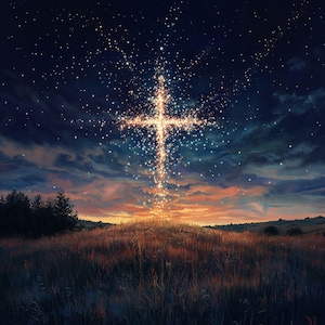 May include: A glowing white cross formed by stars against a dark blue night sky with a field of grass in the foreground.
