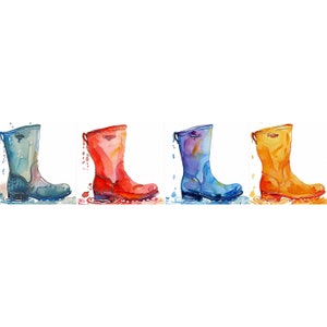 rain boots clipart, watercolor clipart, rain boots border, digital download, high-resolution JPG, scrapbooking, paper crafts, kids' invitations, whimsical designs, printable decor, commercial use, rain boot designs, watercolor elements, JPG files