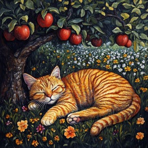 Ensemble de cliparts chat endormi - 12 images numériques aquarelles, chat duveteux sous un pommier, illustration mignonne de sieste confortable pour l'artisanat et la conception